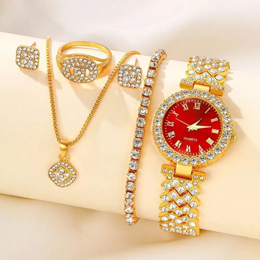 5-Piece Women's Watch & Jewelry Set – Rhinestone Quartz Watch & Silver-Tone Accessories
