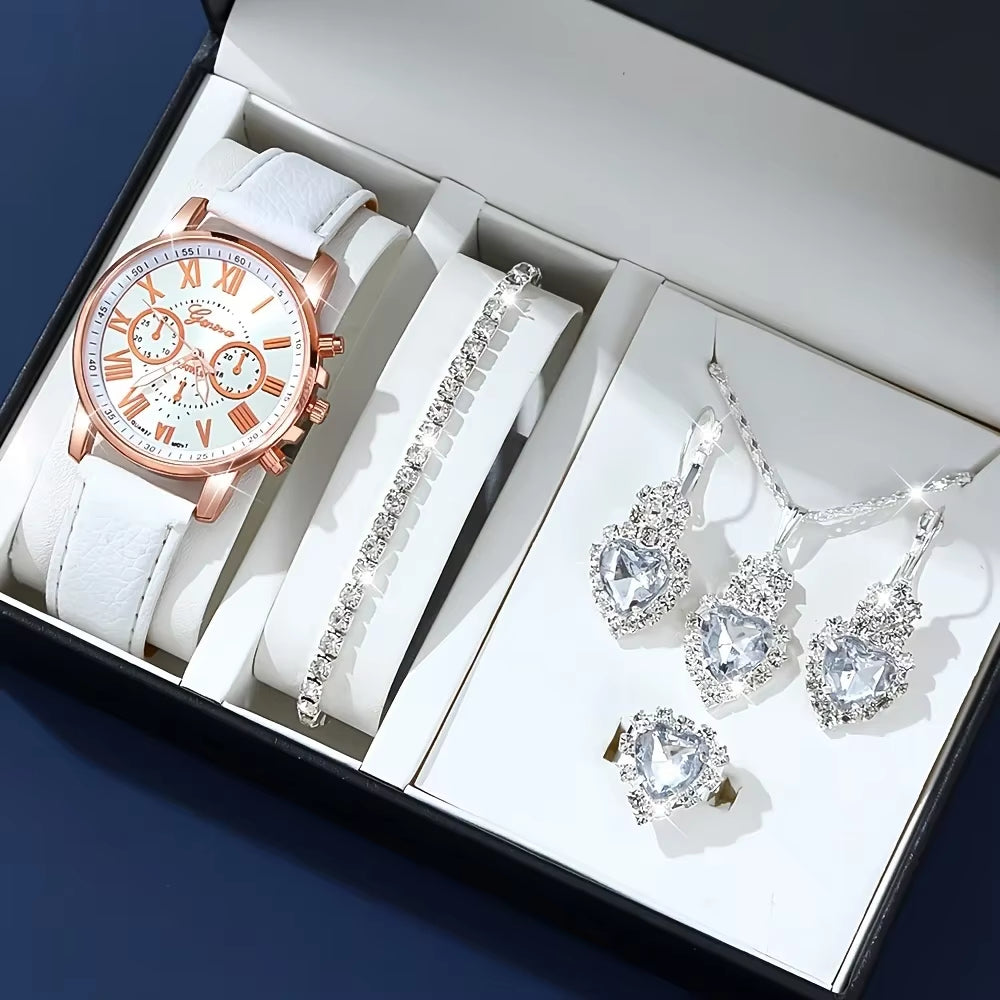Fashion Quartz Watch & Jewelry Set – Analog Display PU Leather Strap Watch