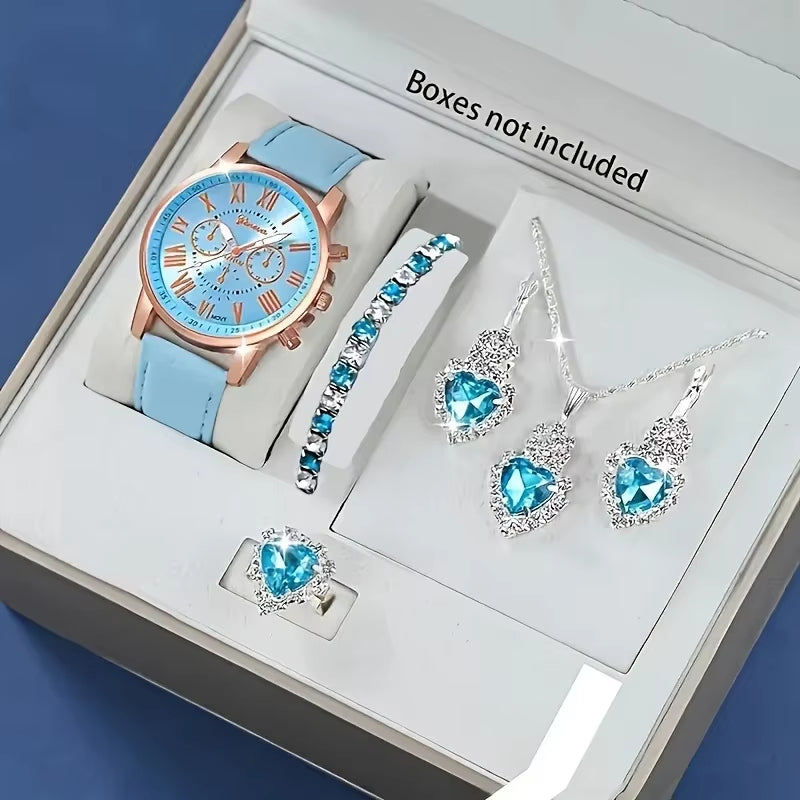 Fashion Quartz Watch &amp; Jewelry Set – Analog Display PU Leather Strap Watch