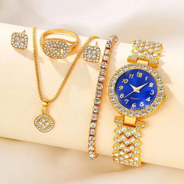 5-Piece Women's Watch &amp; Jewelry Set – Rhinestone Quartz Watch &amp; Silver-Tone Accessories