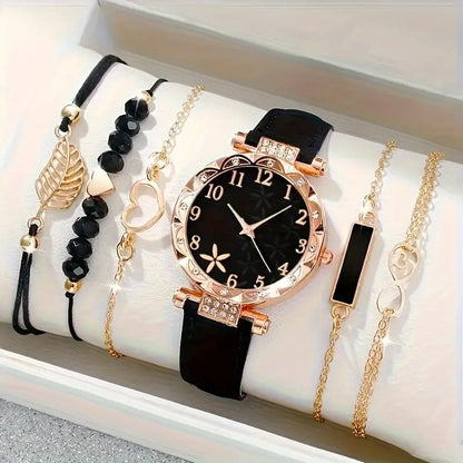 Luxury Women's Quartz Watch &amp; Bracelet Set – 6-Piece Beaded Leather Collection