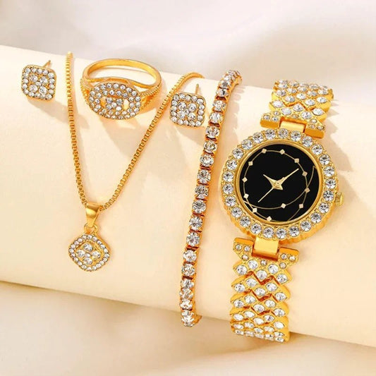 5-Piece Women's Watch &amp; Jewelry Set – Rhinestone Quartz Watch &amp; Silver-Tone Accessories