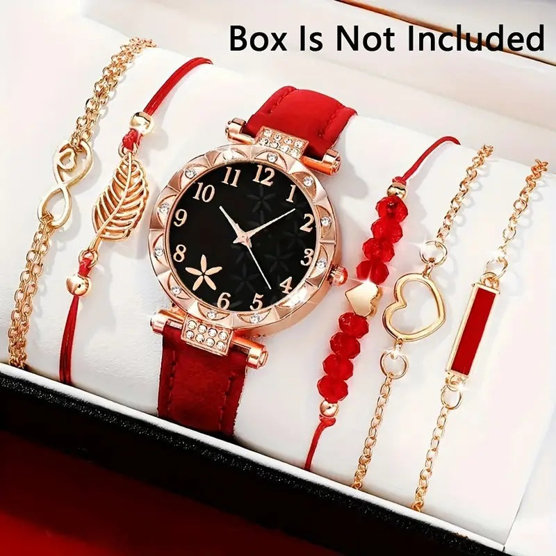 Luxury Women's Quartz Watch &amp; Bracelet Set – 6-Piece Beaded Leather Collection