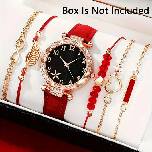 Luxury Women's Quartz Watch &amp; Bracelet Set – 6-Piece Beaded Leather Collection