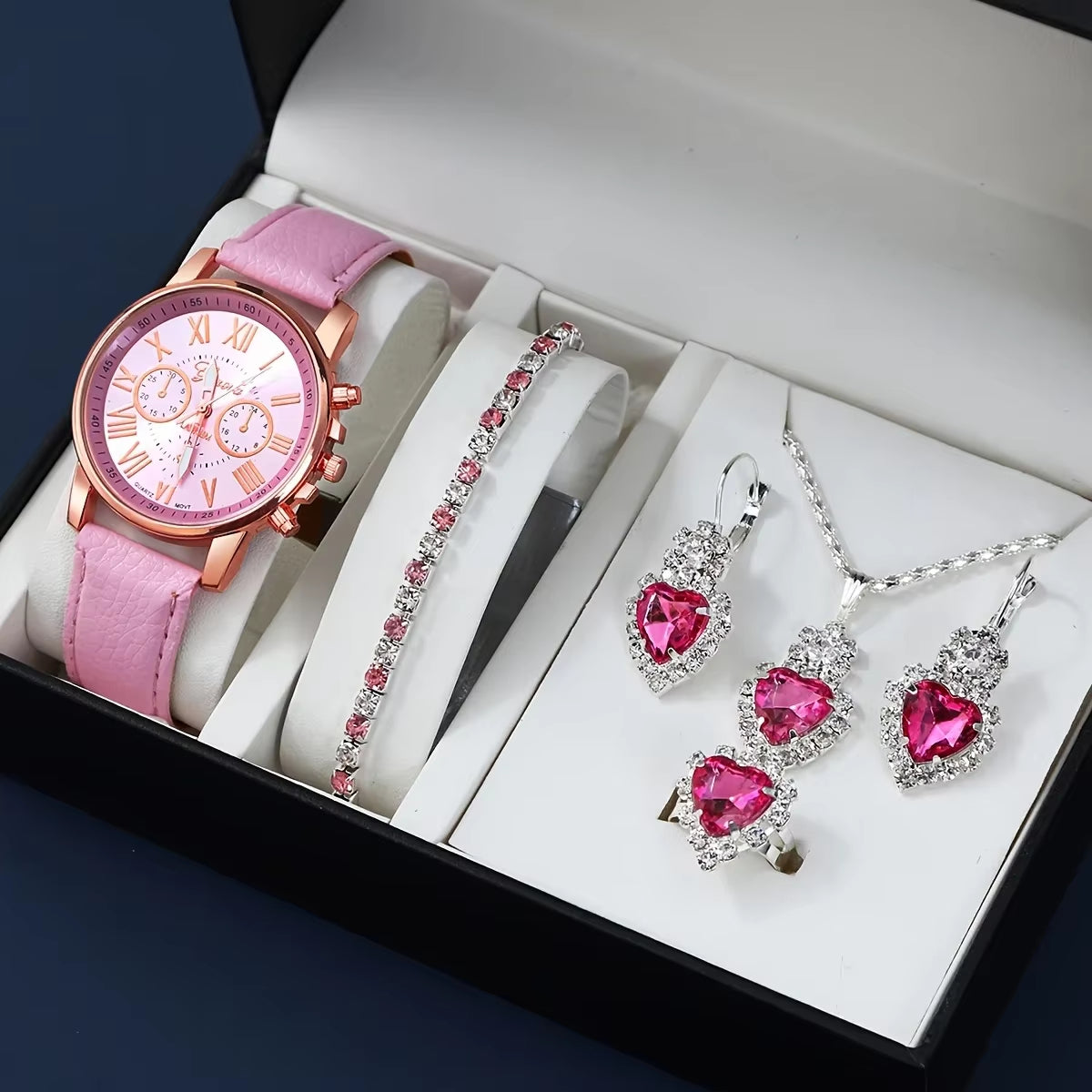 Fashion Quartz Watch &amp; Jewelry Set – Analog Display PU Leather Strap Watch
