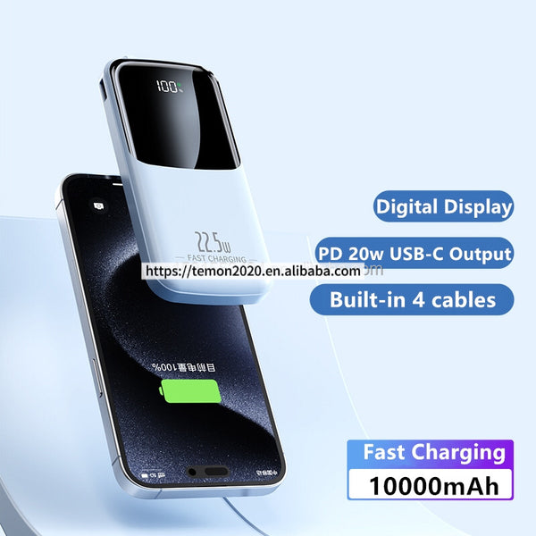 10000mAh PD 22.5W Fast Charging Power Bank – Built-in 4 Cables &amp; LED Display