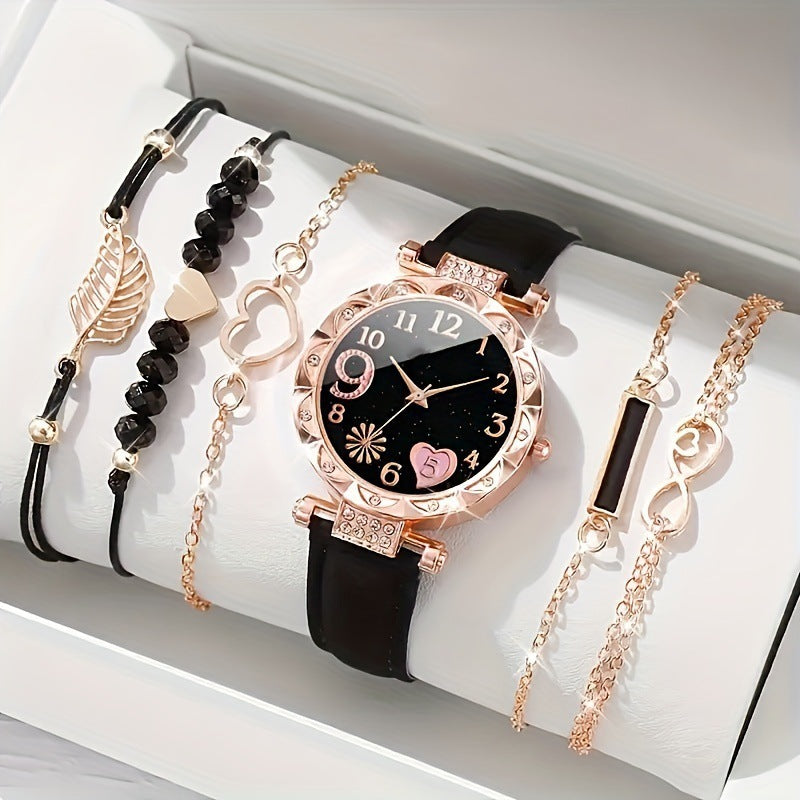 Luxury Women's Quartz Watch &amp; Bracelet Set – 6-Piece Beaded Leather Collection