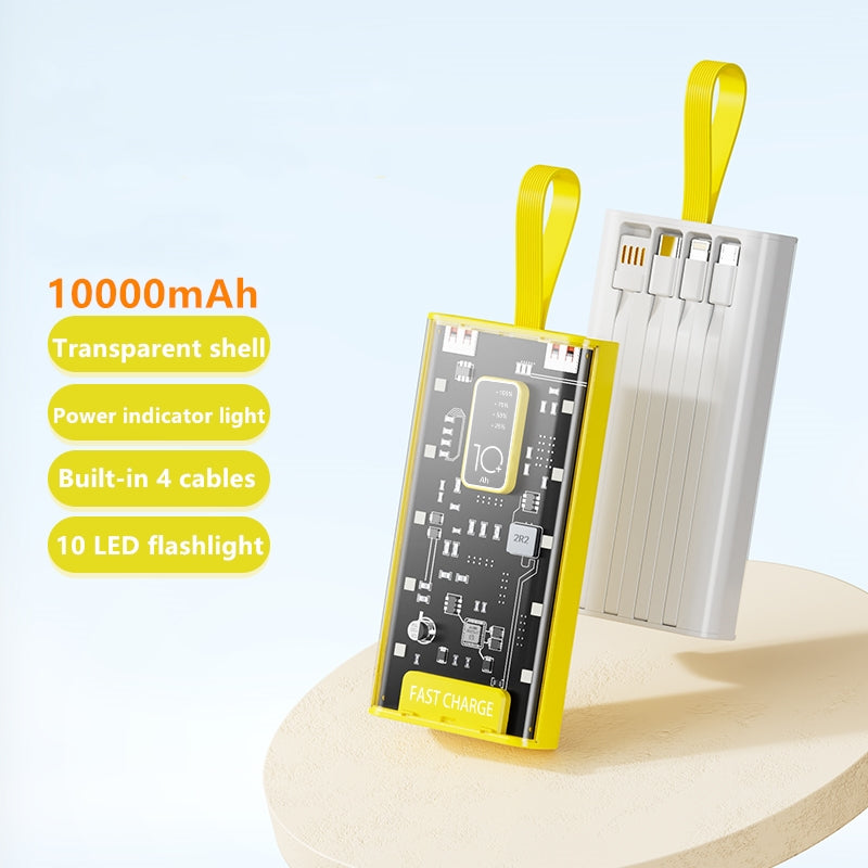 20000mAh Transparent Power Bank – 2.1A Fast Charging with Built-in Cable