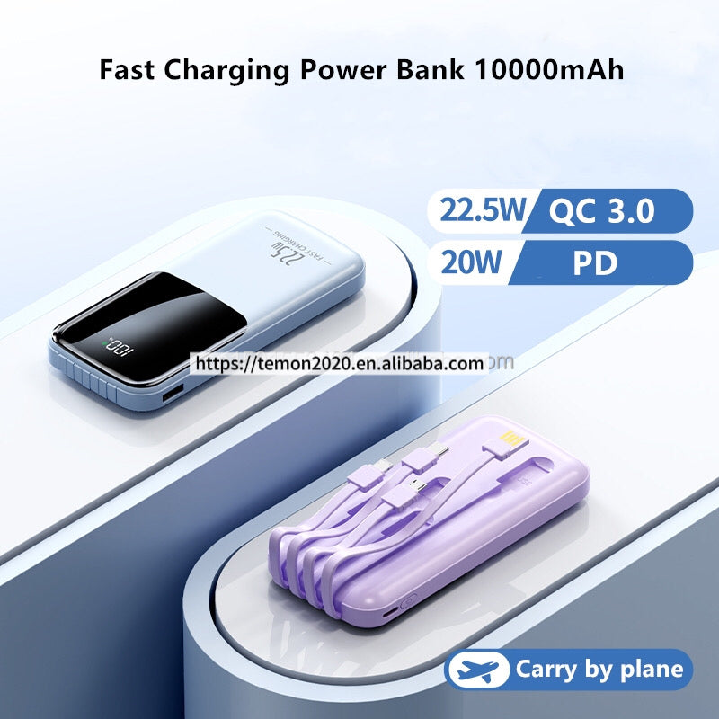 10000mAh PD 22.5W Fast Charging Power Bank – Built-in 4 Cables &amp; LED Display